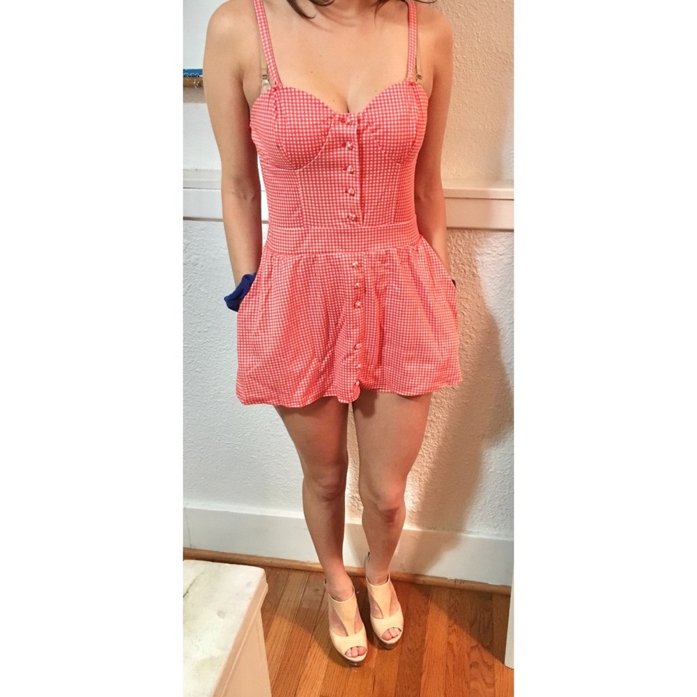 Checkered Button-Up Romper with Pockets